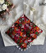 White navratri noodle strap cotton blouse with hand mirror & kaudi work