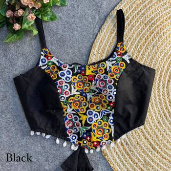 Black navratri corset style magic cotton blouse with mirror, kaudi & thread work 1