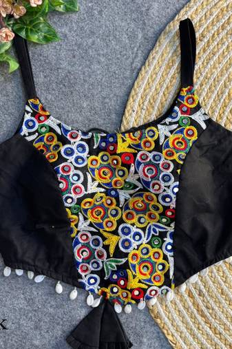 Black navratri corset style magic cotton blouse with mirror, kaudi & thread work