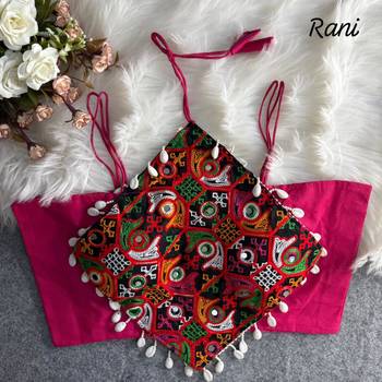 Rani pink navratri noodle strap cotton blouse with hand mirror & kaudi work 1