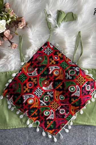 Green navratri noodle strap cotton blouse with hand mirror & kaudi work