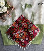 Green navratri noodle strap cotton blouse with hand mirror & kaudi work