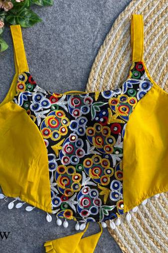 Yellow navratri corset style magic cotton blouse with mirror, kaudi & thread work