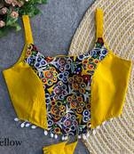 Yellow navratri corset style magic cotton blouse with mirror, kaudi & thread work