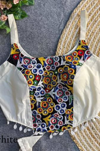 White navratri corset style magic cotton blouse with mirror, kaudi & thread work