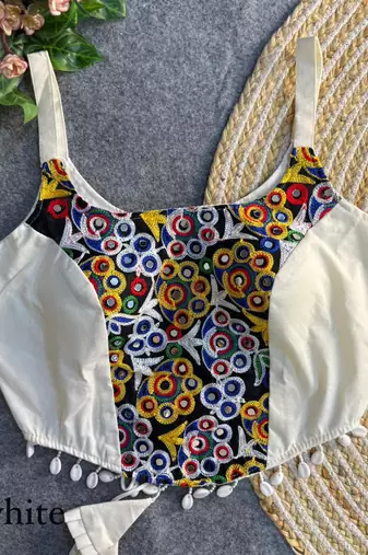 White navratri corset style magic cotton blouse with mirror, kaudi & thread work