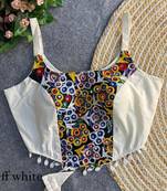 White navratri corset style magic cotton blouse with mirror, kaudi & thread work
