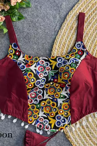 Maroon navratri corset style magic cotton blouse with mirror, kaudi & thread work
