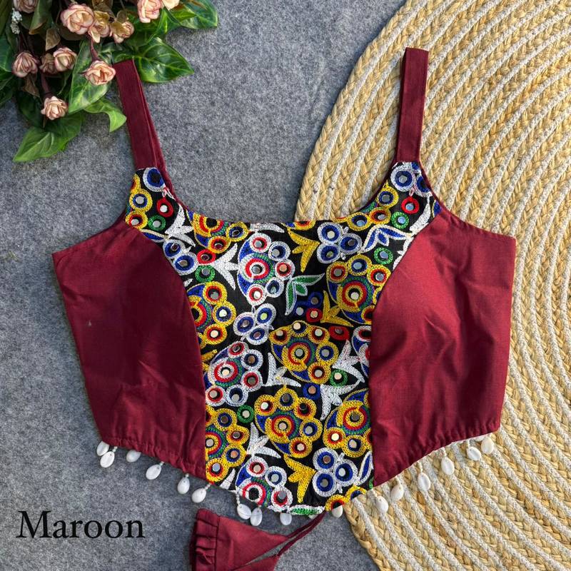 Maroon navratri corset style magic cotton blouse with mirror, kaudi & thread work