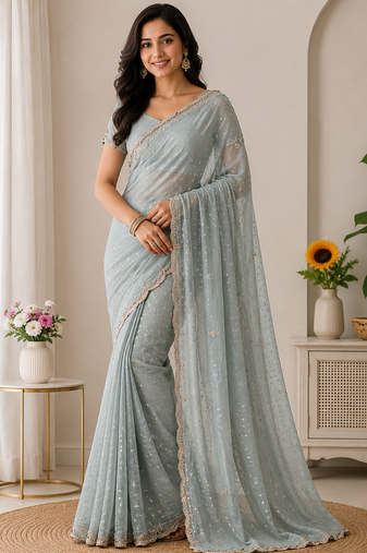Grey Color beads handwork Silk Blend Saree
