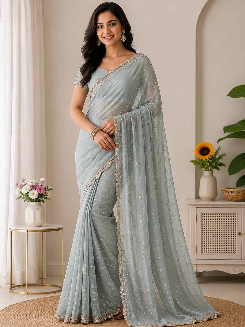 Grey Color beads handwork Silk Blend Saree