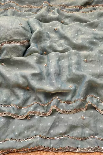 Grey Color beads handwork Silk Blend Saree
