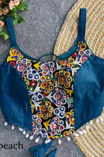 Blue navratri corset style magic cotton blouse with mirror, kaudi & thread work