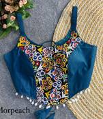 Blue navratri corset style magic cotton blouse with mirror, kaudi & thread work