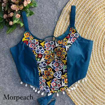 Blue navratri corset style magic cotton blouse with mirror, kaudi & thread work 2
