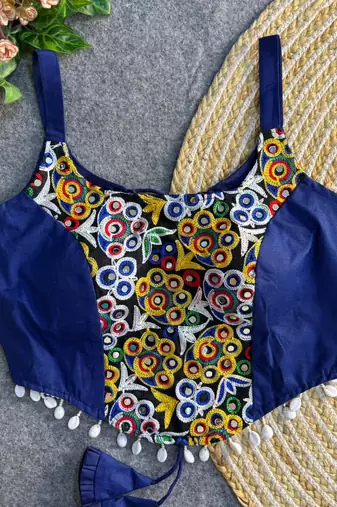 Blue navratri corset style magic cotton blouse with mirror, kaudi & thread work
