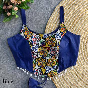 Blue navratri corset style magic cotton blouse with mirror, kaudi & thread work 2