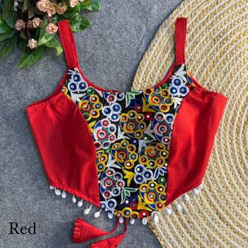 Red navratri corset style magic cotton blouse with mirror, kaudi & thread work 1
