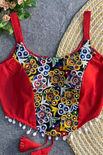 Red navratri corset style magic cotton blouse with mirror, kaudi & thread work