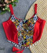 Red navratri corset style magic cotton blouse with mirror, kaudi & thread work