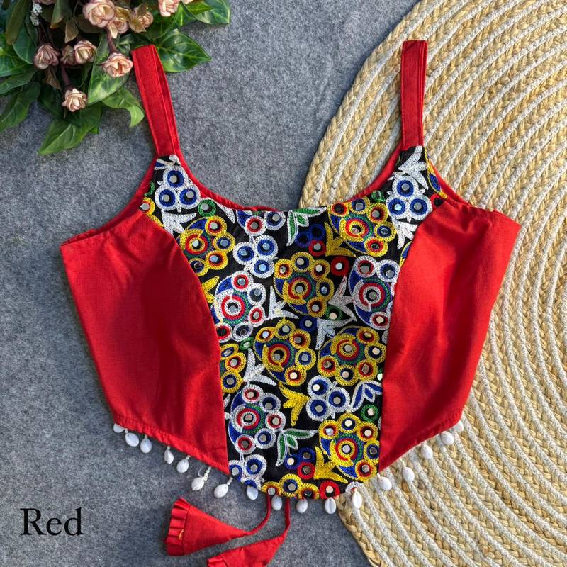 Red navratri corset style magic cotton blouse with mirror, kaudi & thread work
