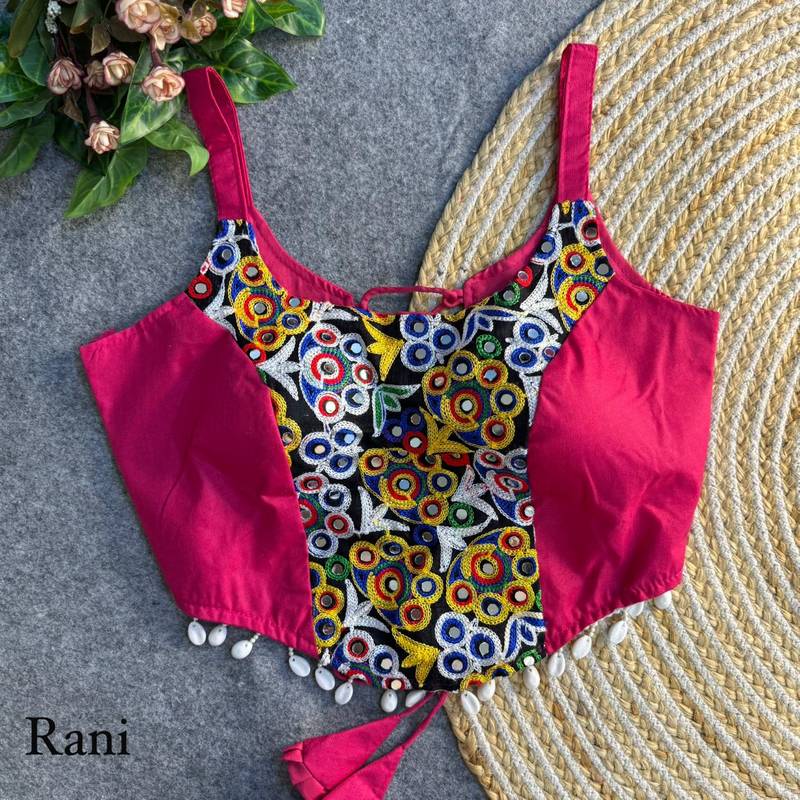 Ranipink navratri corset style magic cotton blouse with mirror, kaudi & thread work