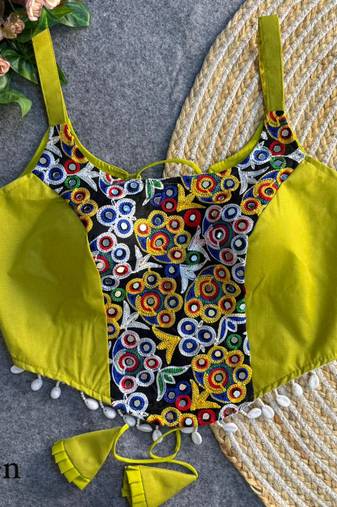 Green navratri corset style magic cotton blouse with mirror, kaudi & thread work