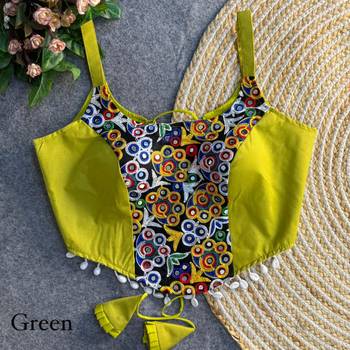 Green navratri corset style magic cotton blouse with mirror, kaudi & thread work 2