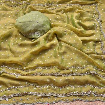 Olive Color beads handwork Silk Blend Saree 1
