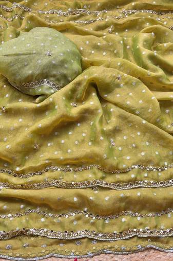 Olive Color beads handwork Silk Blend Saree