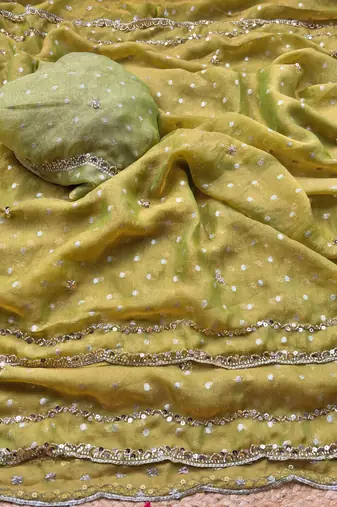Olive Color beads handwork Silk Blend Saree
