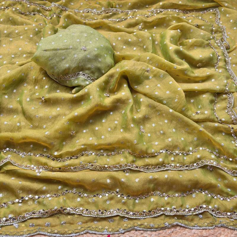 Olive Color beads handwork Silk Blend Saree