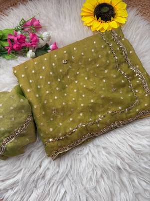 Olive Color beads handwork Silk Blend Saree 3