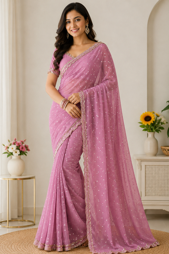 Pink Color beads handwork Silk Blend Saree