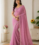 Pink Color beads handwork Silk Blend Saree