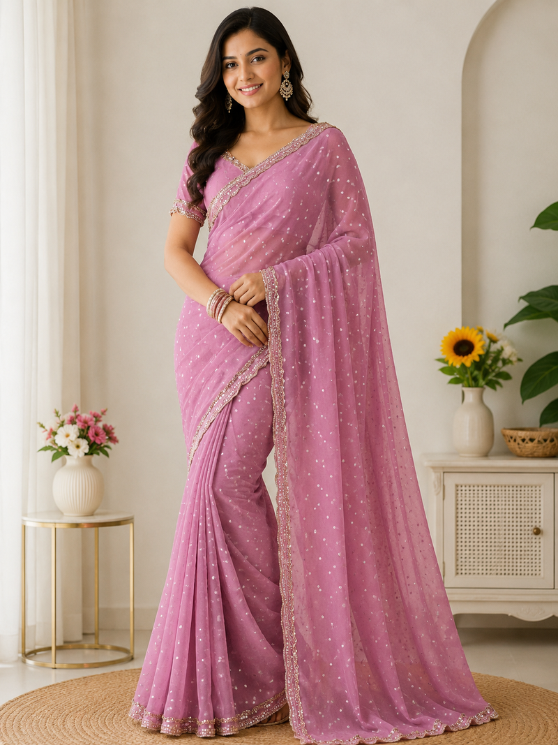 Pink Color beads handwork Silk Blend Saree