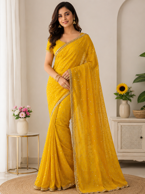 Yellow Color beads handwork Silk Blend Saree 1