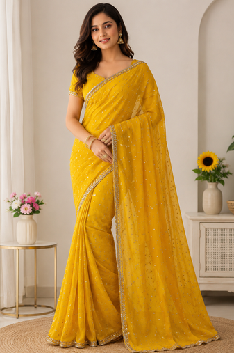 Yellow Color beads handwork Silk Blend Saree