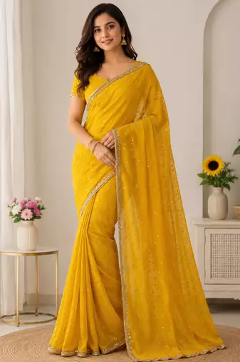 Yellow Color beads handwork Silk Blend Saree