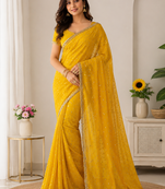 Yellow Color beads handwork Silk Blend Saree