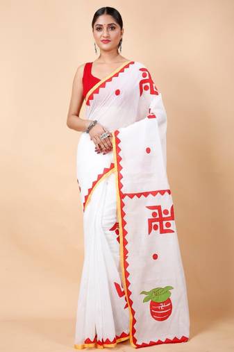 white pure cotton khadi saree with woven zari design