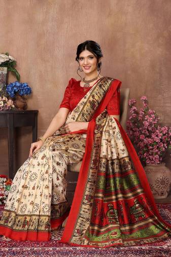 cream warli printed traditional mysore silk saree