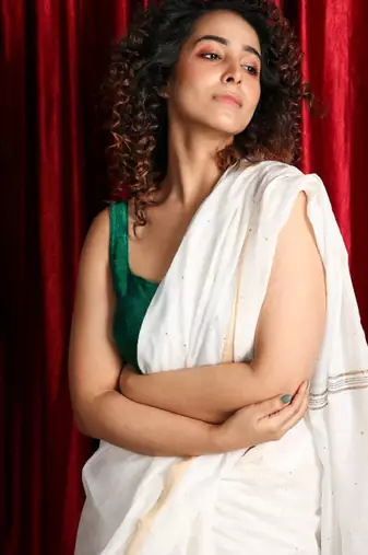 White & cream-coloured embellished sequinned handloom saree
