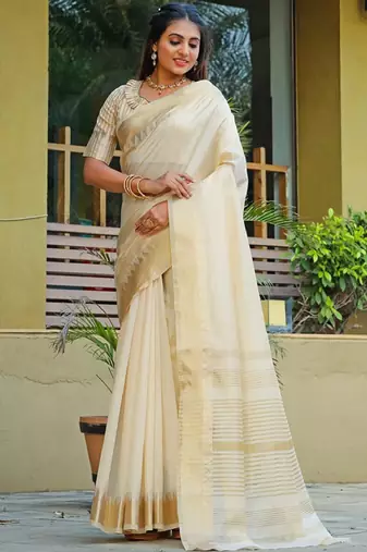 Cream ethnic motifs woven design zari silk cotton banarasi saree