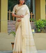 Cream ethnic motifs woven design zari silk cotton banarasi saree