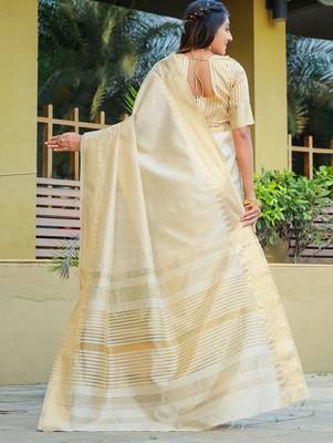 Cream ethnic motifs woven design zari silk cotton banarasi saree 2