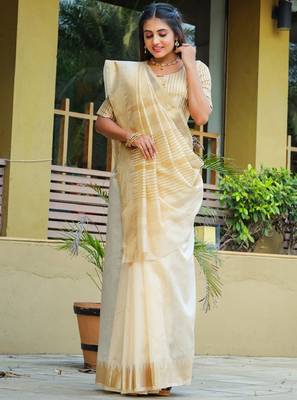 Cream ethnic motifs woven design zari silk cotton banarasi saree 3