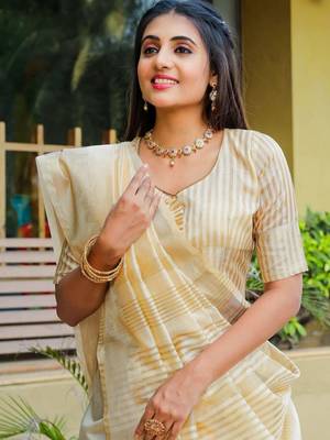 Cream ethnic motifs woven design zari silk cotton banarasi saree 4