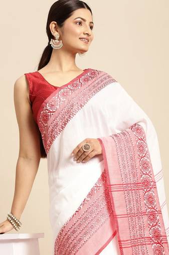 White & red solid pure cotton taant saree