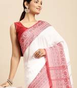 White & red solid pure cotton taant saree